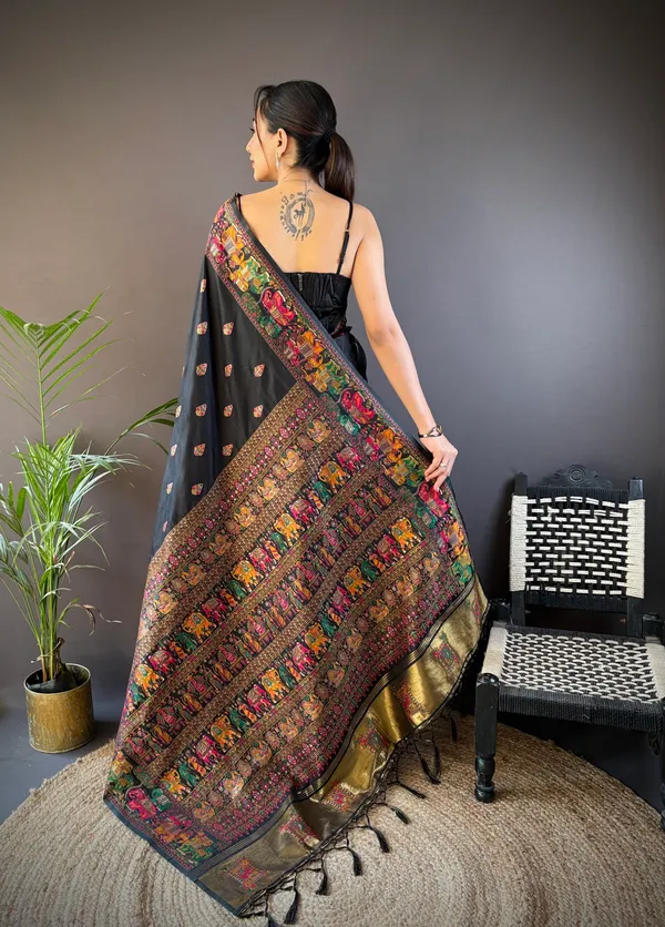Black_Midnight_Bloom_Exquisite_Ebony_Patola_Silk_Saree_With_Vibrant_Multi-Hued_Animal