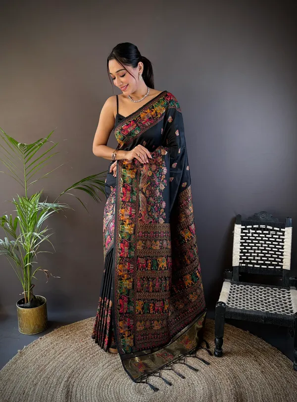 Black_Midnight_Bloom_Exquisite_Ebony_Patola_Silk_Saree_With_Vibrant_Multi-Hued_Animal