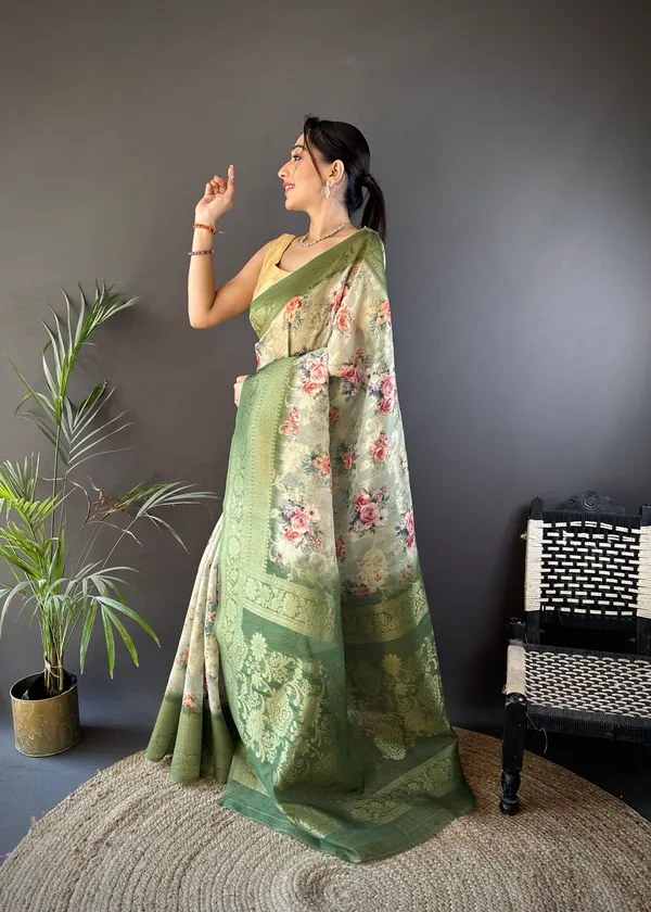 Olive_Green_Floral_Printed_With_Zari_Border_Saree