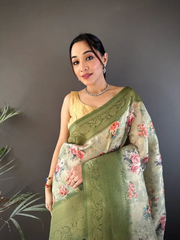 Olive_Green_Floral_Printed_With_Zari_Border_Saree