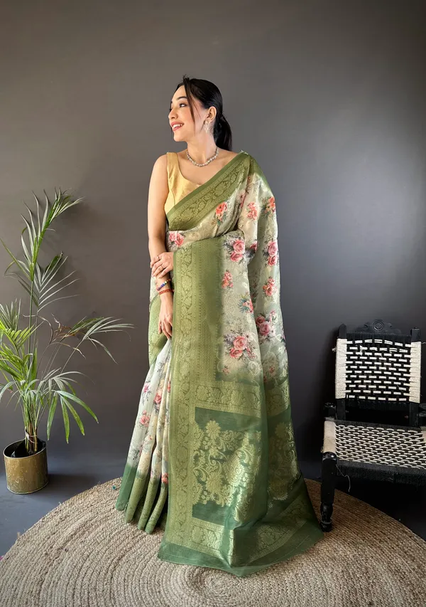 Olive_Green_Floral_Printed_With_Zari_Border_Saree