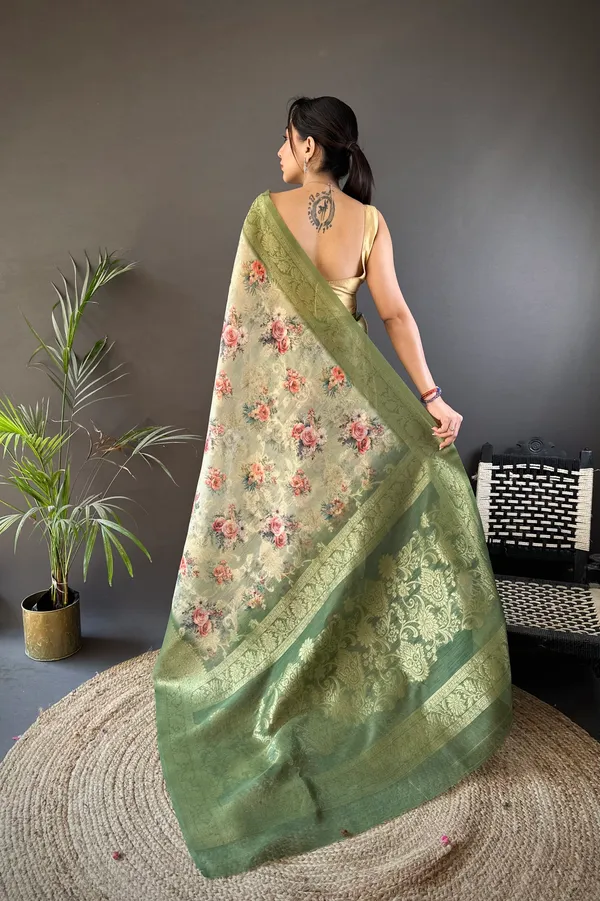 Olive_Green_Floral_Printed_With_Zari_Border_Saree