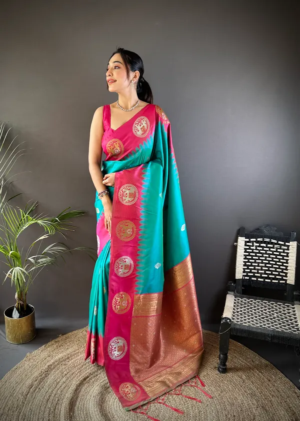 Rani_Pink_&_Aqua_Blue_Radiant_Silk_Saree_With_Ornamental_Floral
