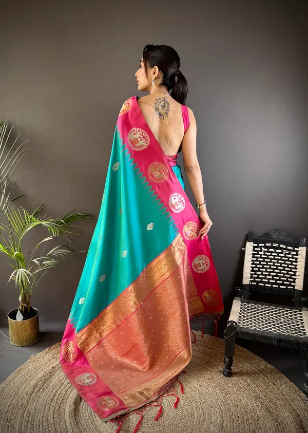 Rani_Pink_&_Aqua_Blue_Radiant_Silk_Saree_With_Ornamental_Floral