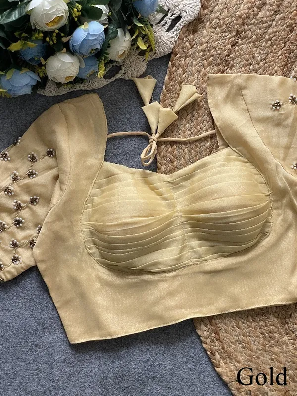 Gold_Silk_Blend_Pleated_Designer_Blouse_with_Pearl_Embroidered_Sleeves_and_Tie-Back_Tassels