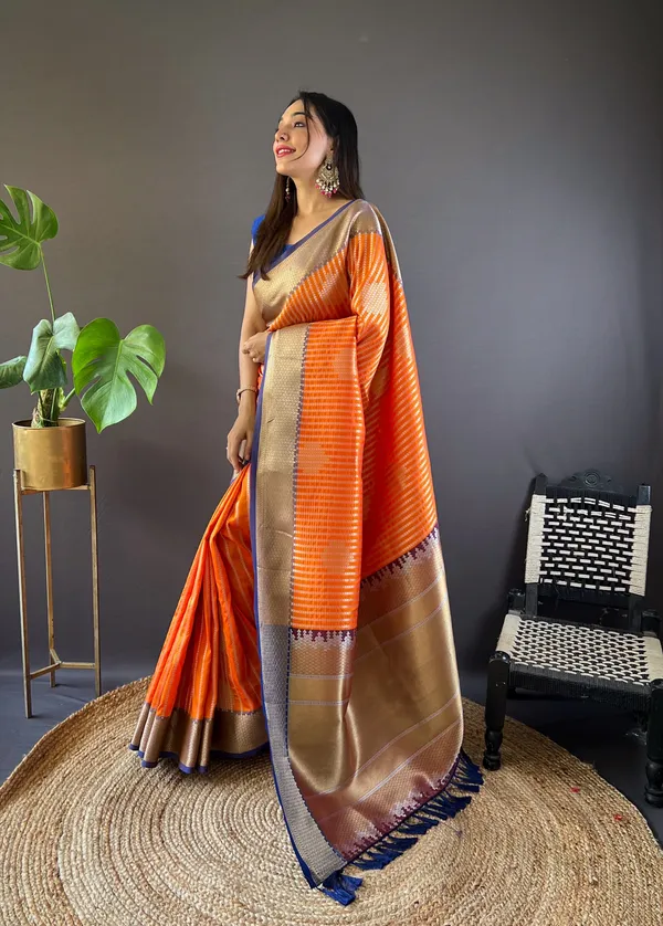 Fiery_Orange_&_Midnight_Blue_Saree_For_Women