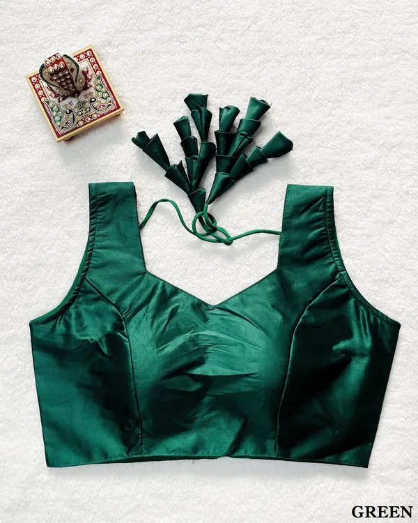 Green_Plain_Milan_Silk_Stitched_Blouse_with_Fabric_Petal/Cone_Embellished_Dori_Tie-up