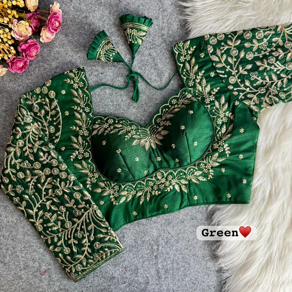 Green_Raw_Silk_Designer_Blouse_with_Full_Sleeves,_Intricate_Golden_Zari_&_Thread_Embroidery