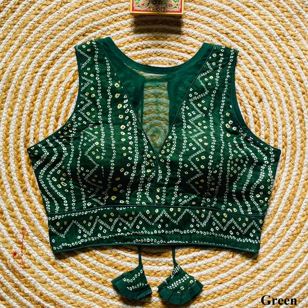 Green_Rayon_Cotton_Bandhani_Print_Sleeveless_Blouse_with_Keyhole_Neck_and_Tassel_Tie-Up