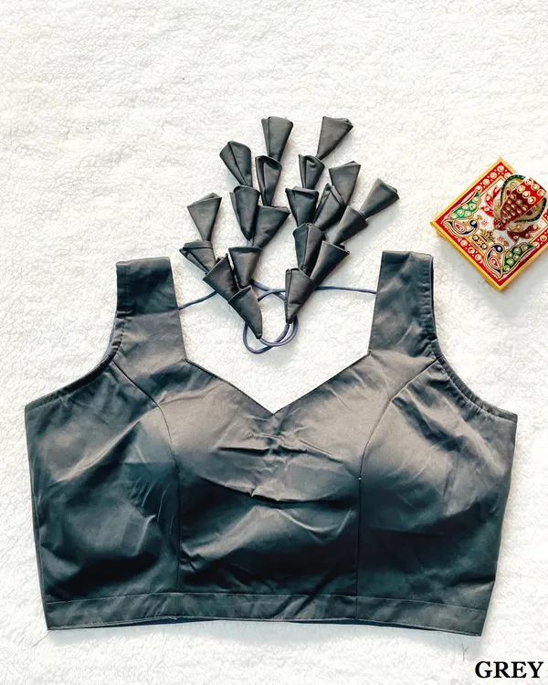 Grey_Plain_Milan_Silk_Stitched_Blouse_with_Fabric_Petal/Cone_Embellished_Dori_Tie-up
