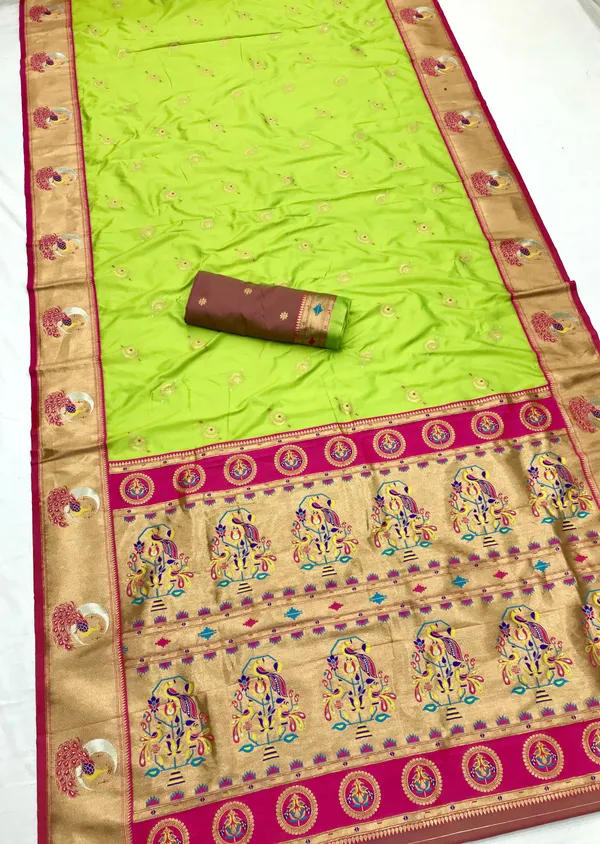 Parrot_Green_&_Pink_Banarasi_Silk_Saree_With_Vibrant_Accents_And_Traditional