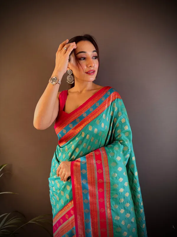 Teal_Green_Luxurious_Banarasi_Silk_Saree_With_Grand_Red_Border_And_Intricate_Golden_Zari_Weave