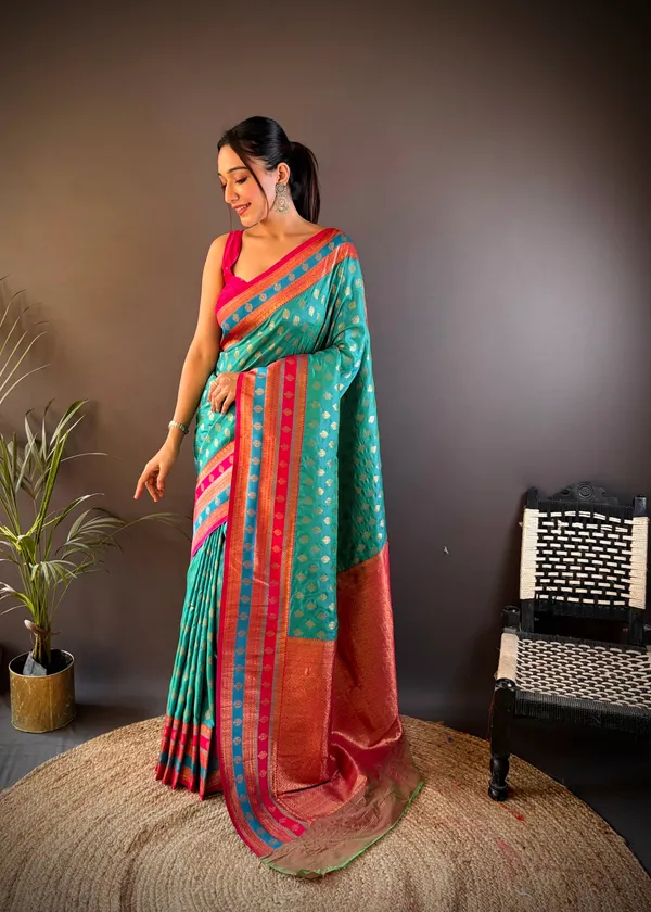 Teal_Green_Luxurious_Banarasi_Silk_Saree_With_Grand_Red_Border_And_Intricate_Golden_Zari_Weave