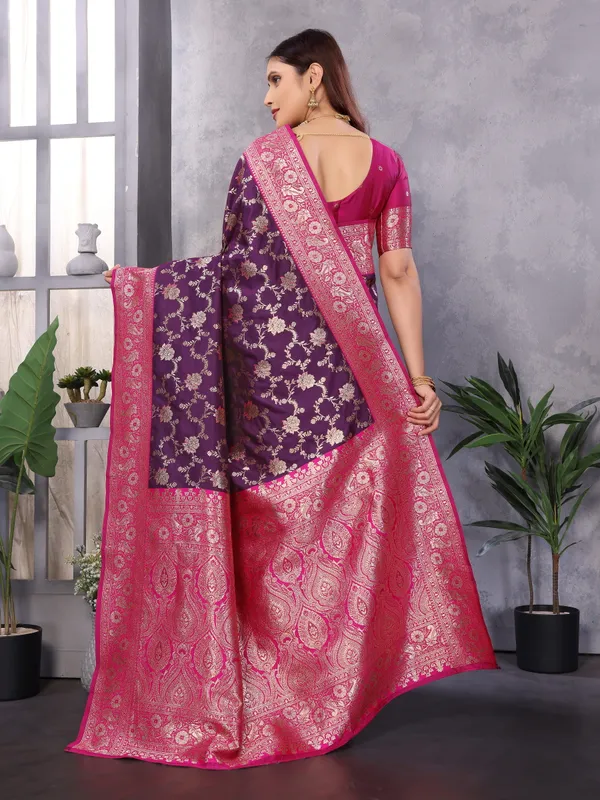 Hot_Pink_and_Fuchsia_Luxurious_Banarasi_Silk_Saree_With_Intricate_Floral_Zari_Motifs