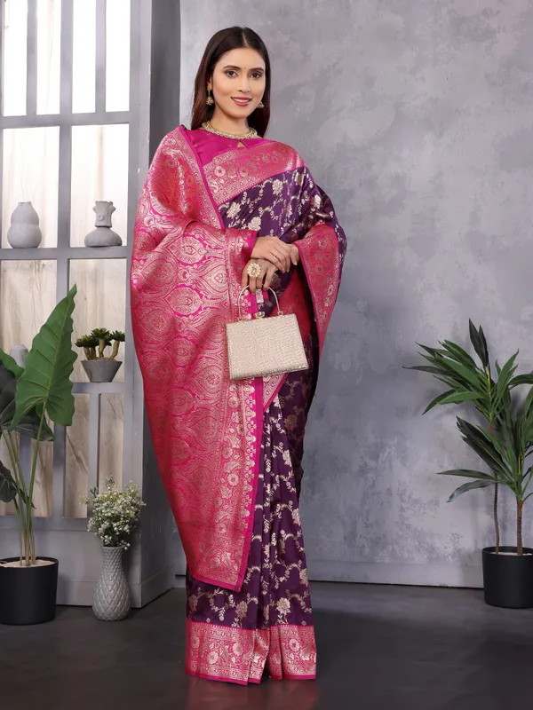 Hot_Pink_and_Fuchsia_Luxurious_Banarasi_Silk_Saree_With_Intricate_Floral_Zari_Motifs
