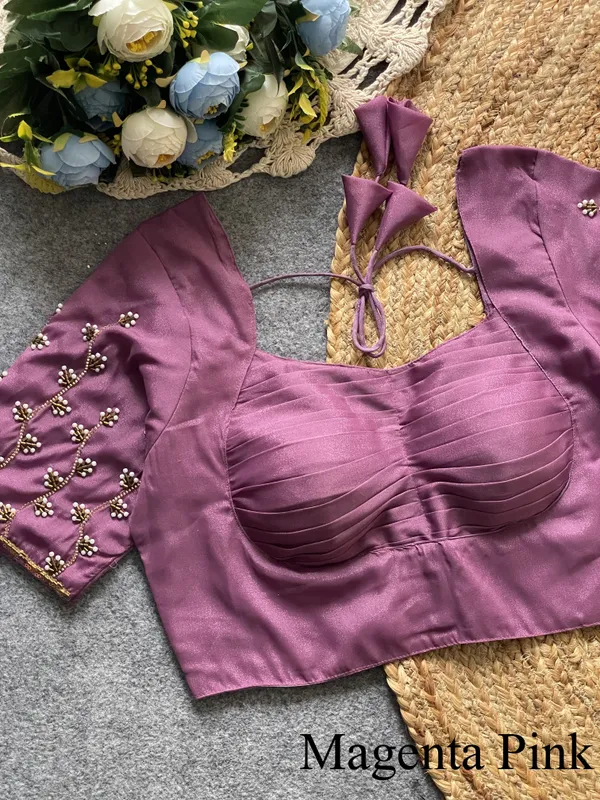 Magneta_Pink__Silk_Blend_Pleated_Designer_Blouse_with_Pearl_Embroidered_Sleeves_and_Tie-Back_Tassels