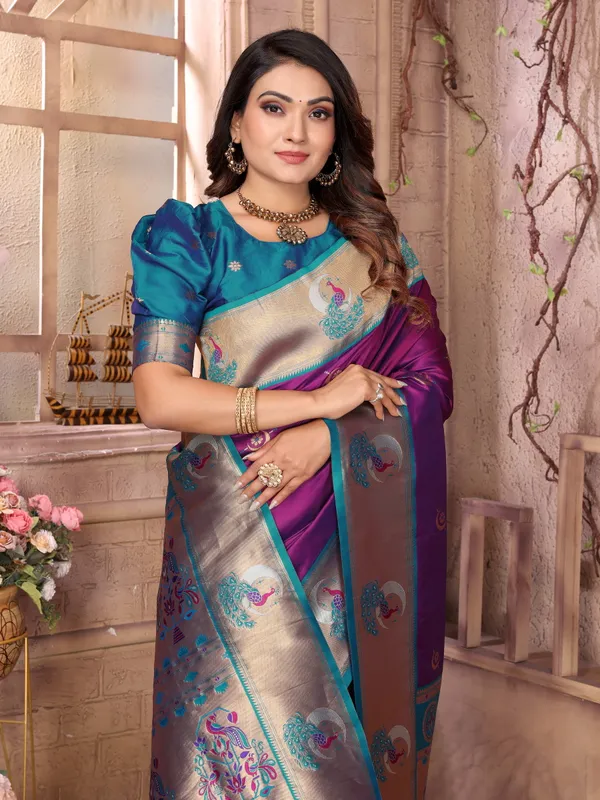 Maroon_&_Royal_Blue_Silk_Saree_With_Traditional_Woven_Zari_Motifs_And_Rich_Pallu