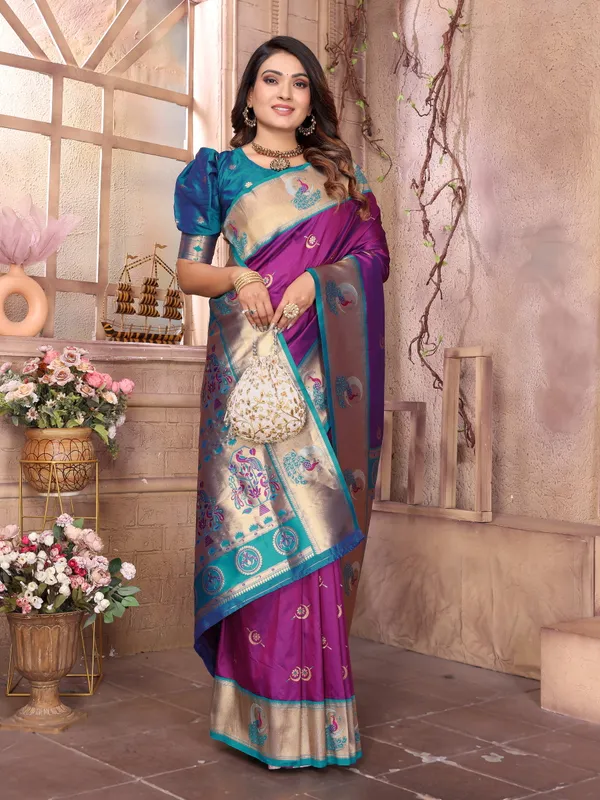 Maroon_&_Royal_Blue_Silk_Saree_With_Traditional_Woven_Zari_Motifs_And_Rich_Pallu
