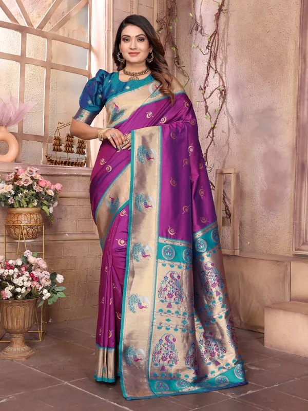 Maroon_&_Royal_Blue_Silk_Saree_With_Traditional_Woven_Zari_Motifs_And_Rich_Pallu