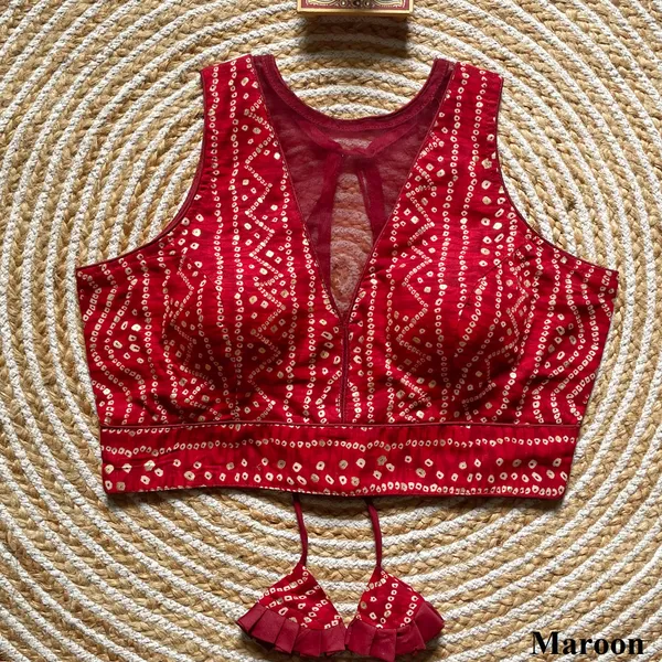 Maroon_Rayon_Cotton_Bandhani_Print_Sleeveless_Blouse_with_Keyhole_Neck_and_Tassel_Tie-Up