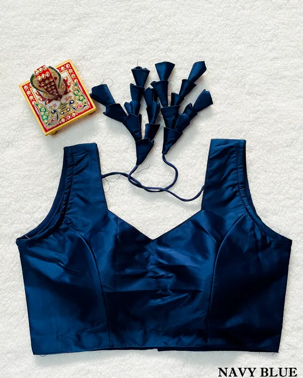 Navy_Blue_Plain_Stitched_Milan_Silk_Blouse_with_Fabric_Petal/Cone_Embellished_Dori_Tie-up