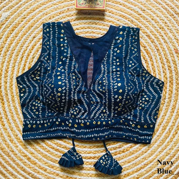 Navy_Blue_Rayon_Cotton_Bandhani_Print_Sleeveless_Blouse_with_Keyhole_Neck_and_Tassel_Tie-Up