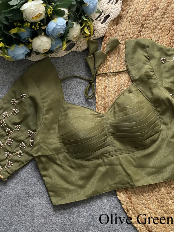 Olive_Green_Silk_Blend_Pleated_Designer_Blouse_with_Pearl_Embroidered_Sleeves_and_Tie-Back_Tassels
