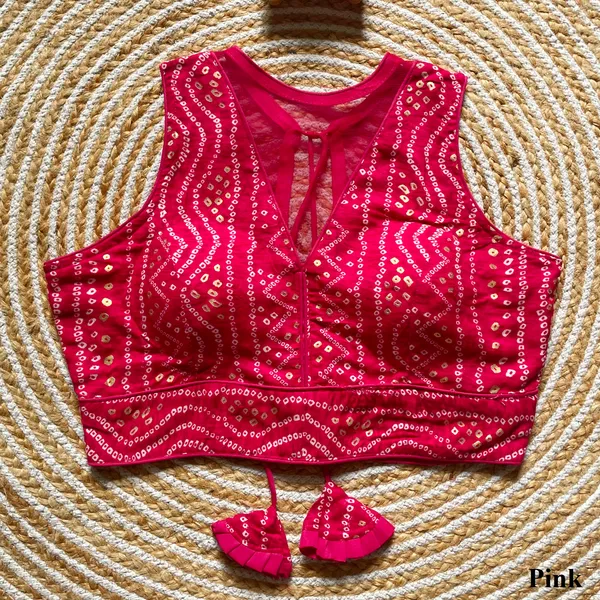 Pink_Rayon_Cotton_Bandhani_Print_Sleeveless_Blouse_with_Keyhole_Neck_and_Tassel_Tie-Up