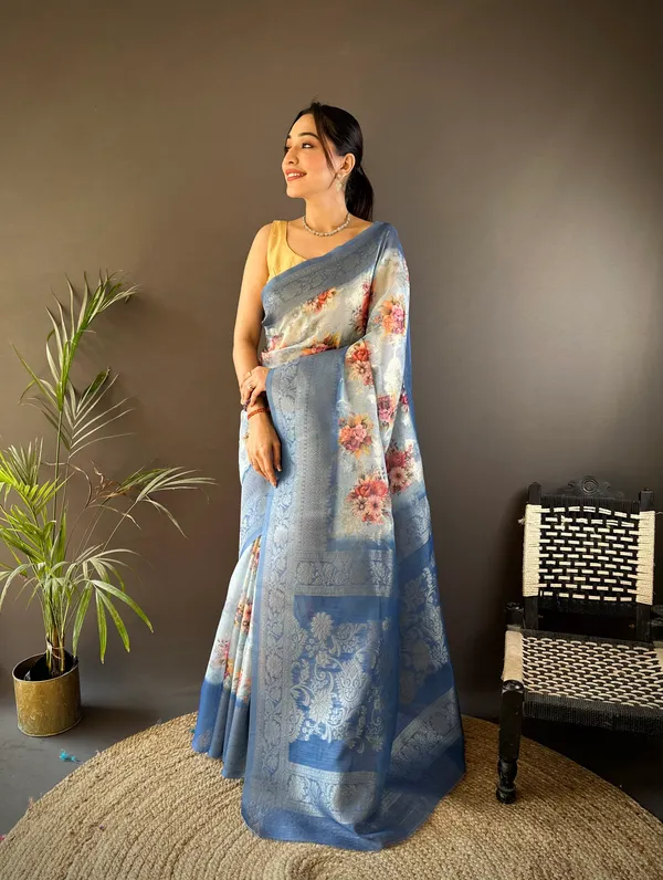 Powder_Blue_Floral_Printed_Saree_With_Zari_Border