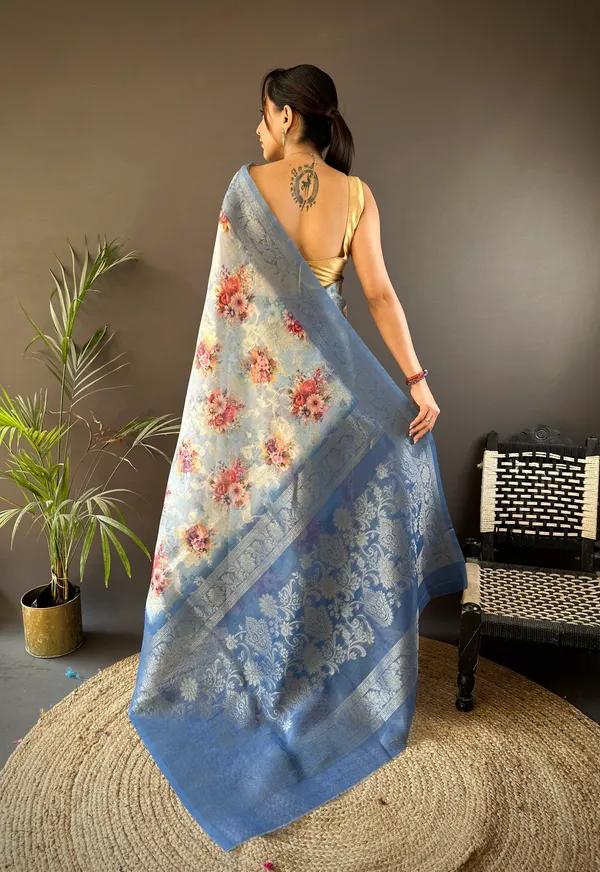 Powder_Blue_Floral_Printed_Saree_With_Zari_Border