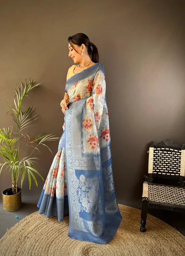 Powder_Blue_Floral_Printed_Saree_With_Zari_Border