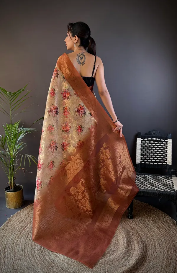 Beige_&_Cream_&_Off-White_Printed_Organza_Saree_With_Traditional_Zari_Work