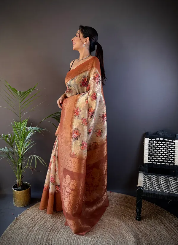 Beige_&_Cream_&_Off-White_Printed_Organza_Saree_With_Traditional_Zari_Work