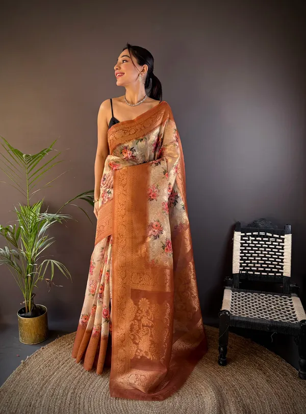 Beige_&_Cream_&_Off-White_Printed_Organza_Saree_With_Traditional_Zari_Work