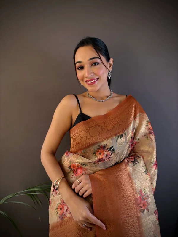 Beige_&_Cream_&_Off-White_Printed_Organza_Saree_With_Traditional_Zari_Work