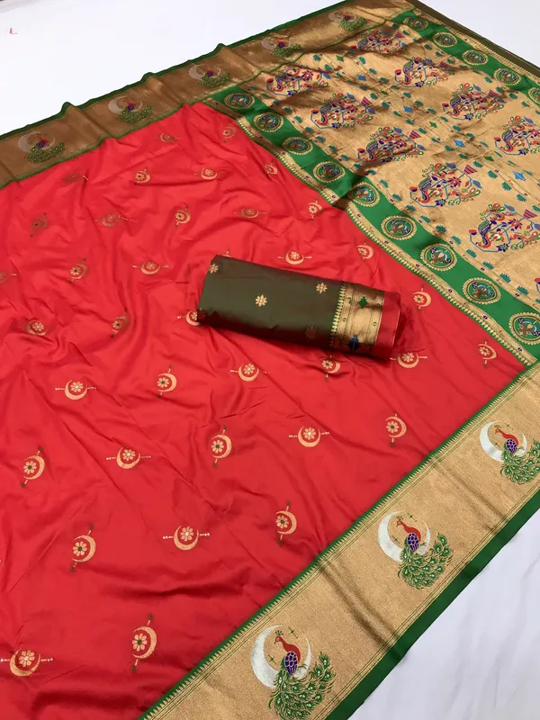 Coral_Red_Pure_Silk_Tathastu_Saree_Vibrant_Red_With_Green_And_Gold_Zari_Weave