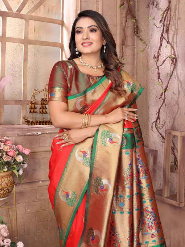 Coral_Red_Pure_Silk_Tathastu_Saree_Vibrant_Red_With_Green_And_Gold_Zari_Weave