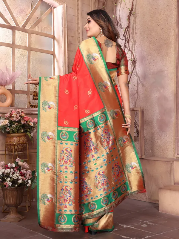 Coral_Red_Pure_Silk_Tathastu_Saree_Vibrant_Red_With_Green_And_Gold_Zari_Weave