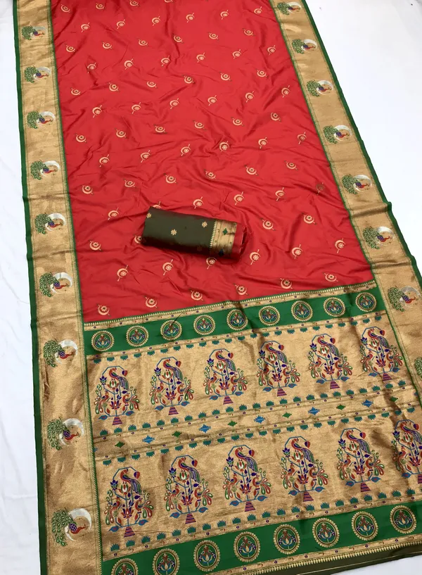 Coral_Red_Pure_Silk_Tathastu_Saree_Vibrant_Red_With_Green_And_Gold_Zari_Weave