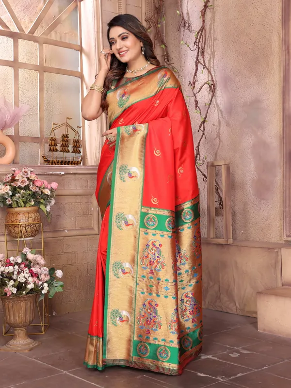 Coral_Red_Pure_Silk_Tathastu_Saree_Vibrant_Red_With_Green_And_Gold_Zari_Weave