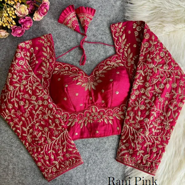 Rani_Pink_Raw_Silk_Designer_Blouse_with_Full_Sleeves,_Intricate_Golden_Zari_&_Thread_Embroidery