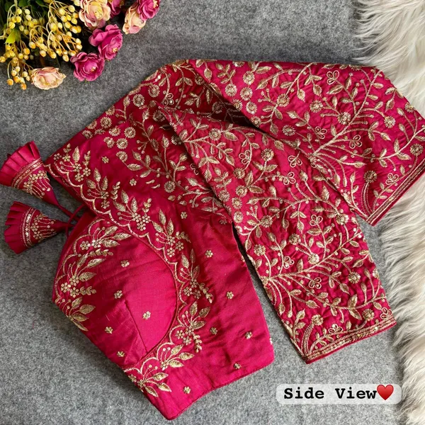 Rani_Pink_Raw_Silk_Designer_Blouse_with_Full_Sleeves,_Intricate_Golden_Zari_&_Thread_Embroidery