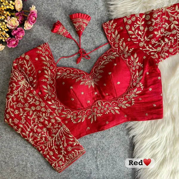 Red_Raw_Silk_Designer_Blouse_with_Full_Sleeves,_Intricate_Golden_Zari_&_Thread_Embroidery
