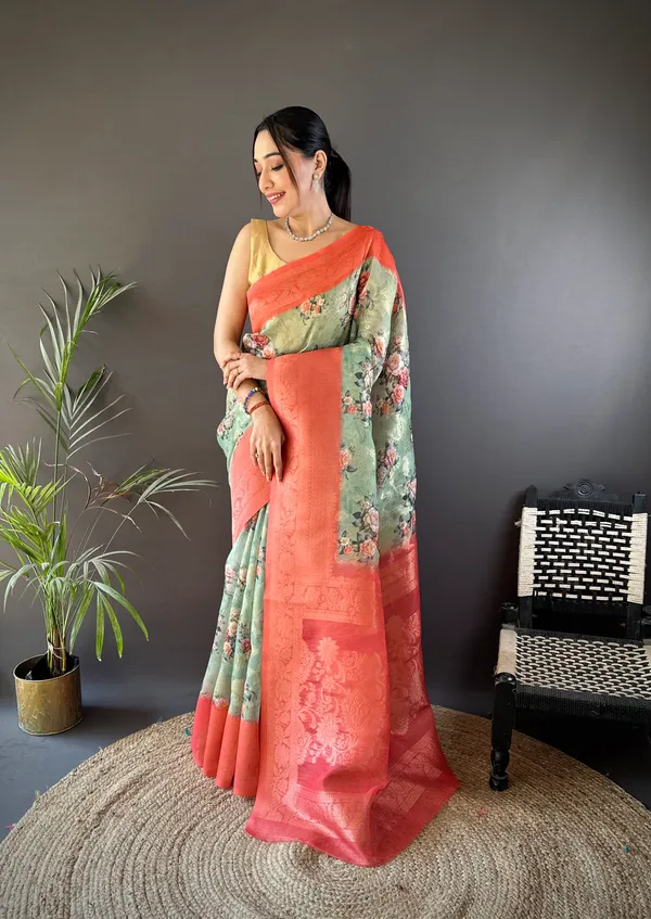Peach_&_Coral_Floral_Organza_Saree_With_Peach_Zari_Border