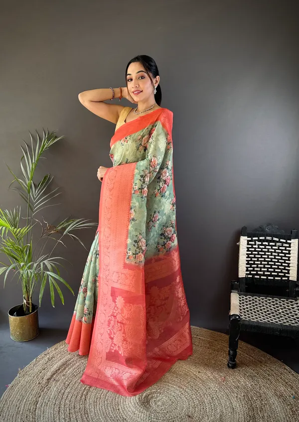 Peach_&_Coral_Floral_Organza_Saree_With_Peach_Zari_Border