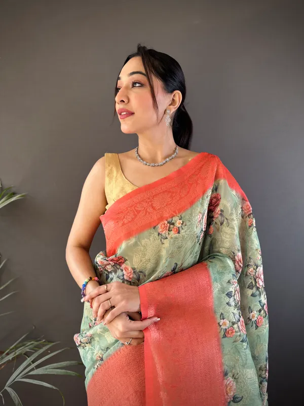 Peach_&_Coral_Floral_Organza_Saree_With_Peach_Zari_Border