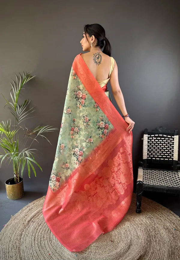 Peach_&_Coral_Floral_Organza_Saree_With_Peach_Zari_Border