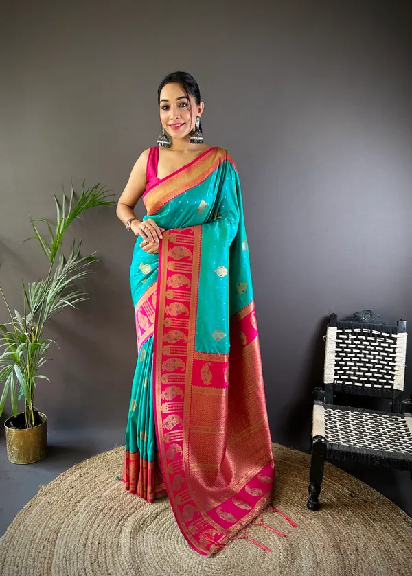 Sea_Green_Katan_Silk_Saree_With_Rani_Pink_Border