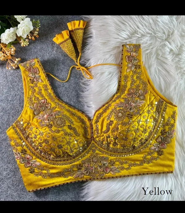 Silk_Blouse_in_Yellow_with_Exquisite_Golden_Zari_and_Sequin_Floral_Embroidery,_Featuring_Elegant_Back_Tassel_Tie-Up_Detailing