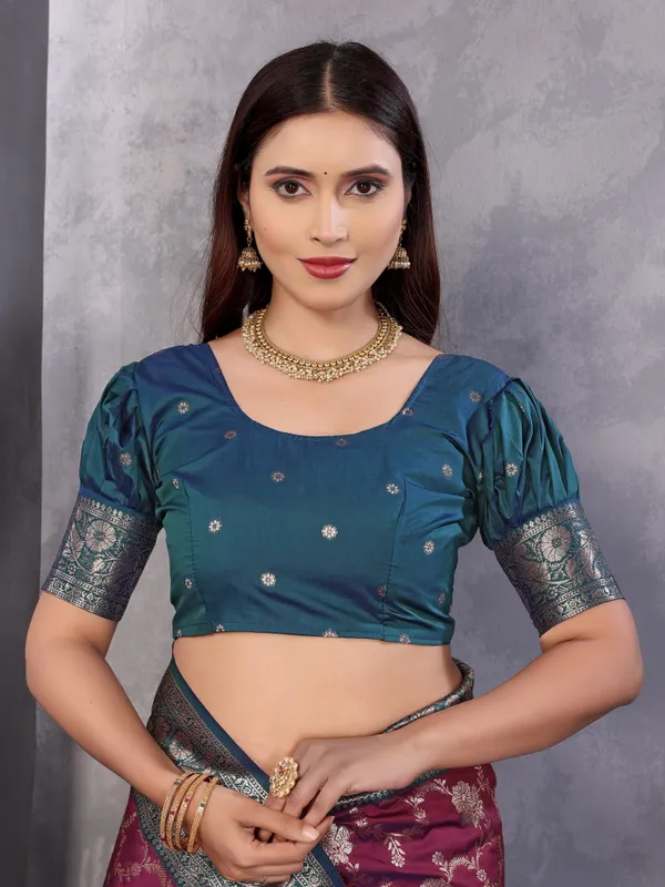 Deep_Magenta_Traditional_Banarasi_Silk_Saree_In_Regal_Plum_With_Grand_Silver_&_Teal_Zari_Border_And_Pallu
